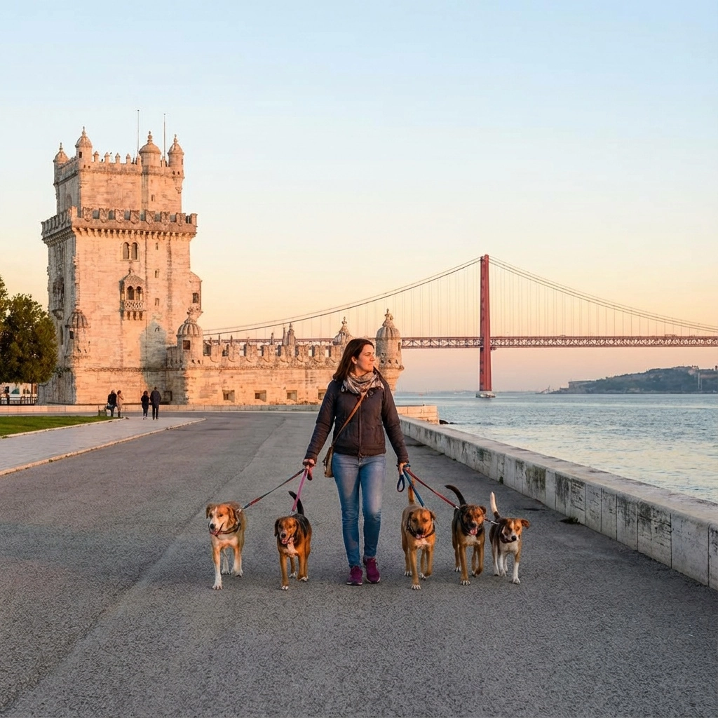 Marcela com Golden Retriever feliz na zona verde de Belém, Lisboa. Alojamento de Cães Home Boarding Lisboa Ocidental.
