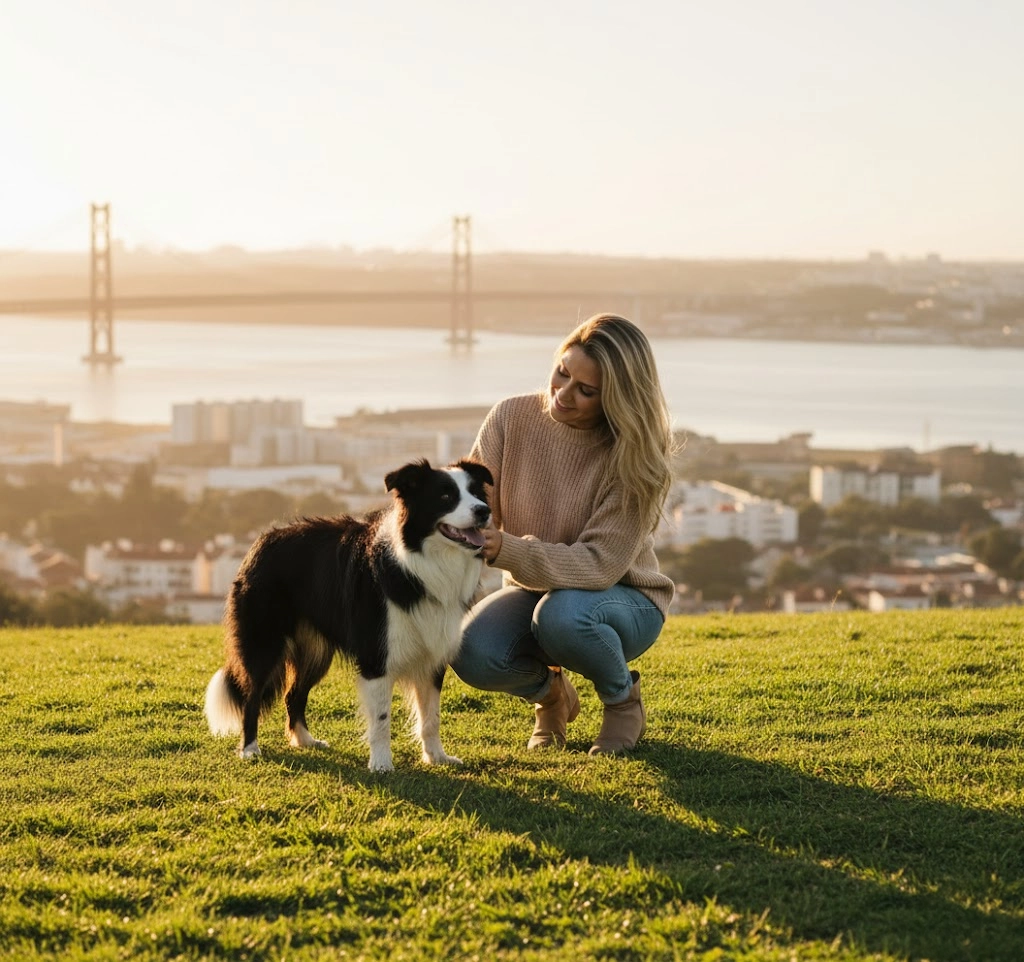 Marcela Regis com Border Collie, representando o conforto familiar do Home Boarding