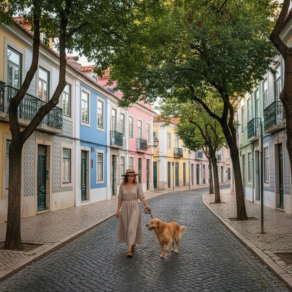 Marcela a passear dois cães (Golden Retriever e Rafeiro) na margem do Rio Tejo em Belém, Lisboa. Passeador de cães em Cascais.
