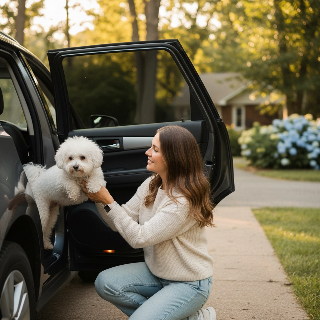 Marcela a passear um cão grande no Parque de Miraflores, representando Dog Walking