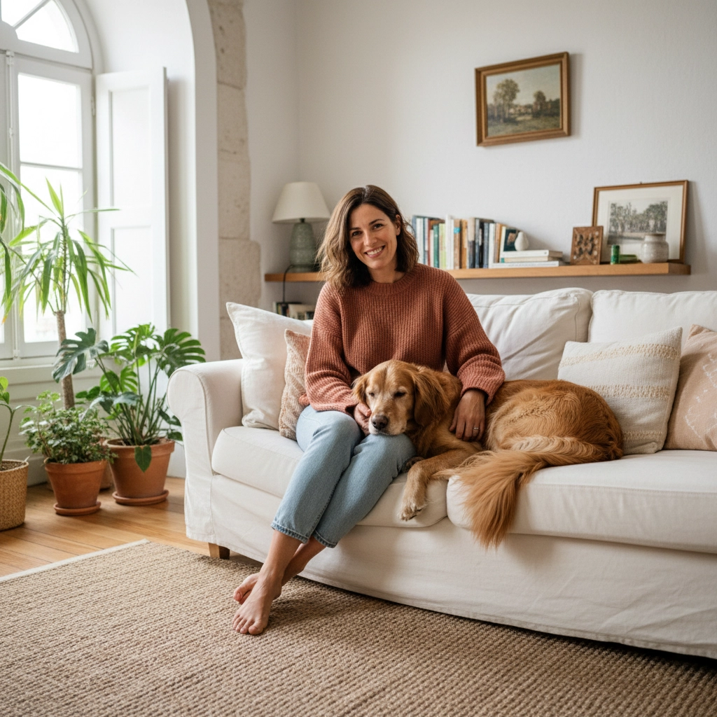 Marcela Dog Care  com cães clientes relaxados e felizes na sala de estar de sua casa em Belém. Alojamento caseiro sem jaulas em Lisboa.
